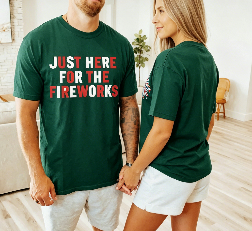 "Just Here For The Fireworks" Matching Couples 4th of July T-Shirts