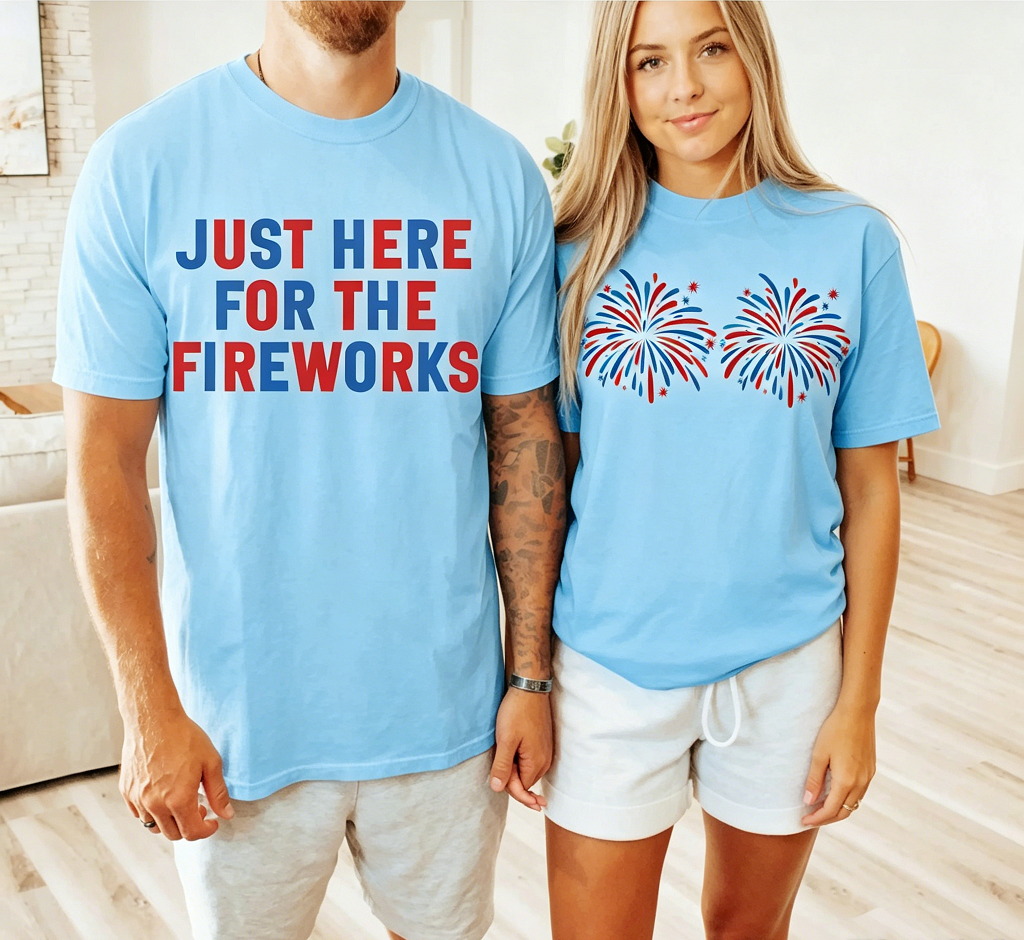 "Just Here For The Fireworks" Matching Couples 4th of July T-Shirts
