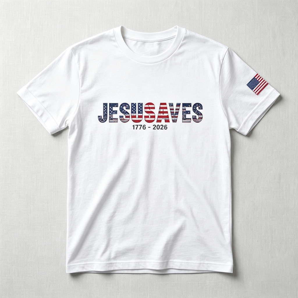 Christian Patriot Jesusave America Flag Sleeve Print T-shirt
