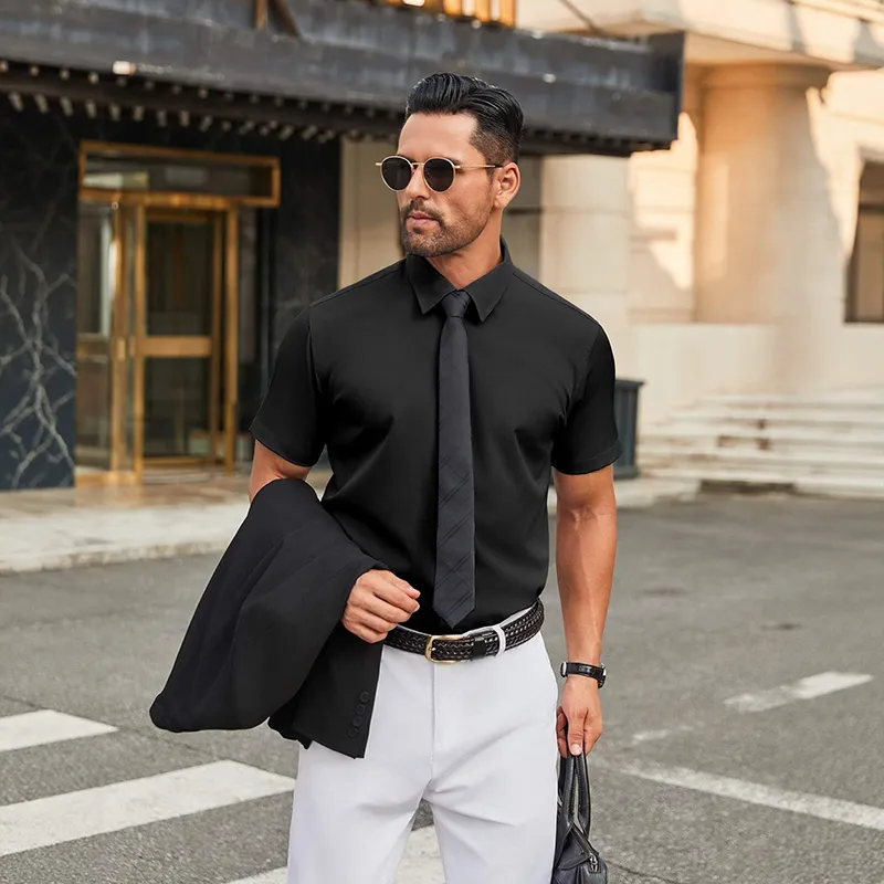 Men's Elastic Solid-Color Short-Sleeve Casual Shirt