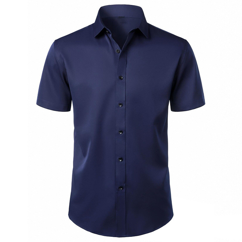 Men's Elastic Solid-Color Short-Sleeve Casual Shirt