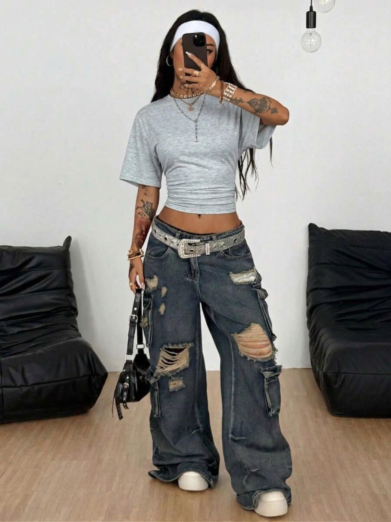 Women's Summer Casual Everyday Y2K Basic Loose Ruched Short T-Shirt, Elastic Street Style Tee for Daily Wear & Back to School