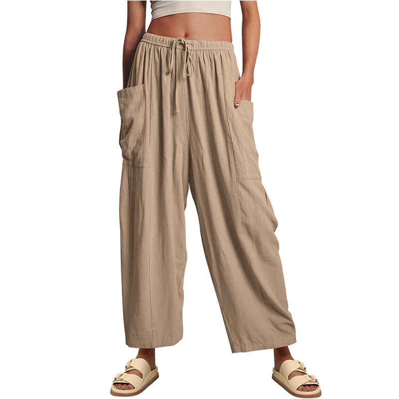 Women's Casual Loose-Fit Linen Wide-Leg Pants with Drawstring