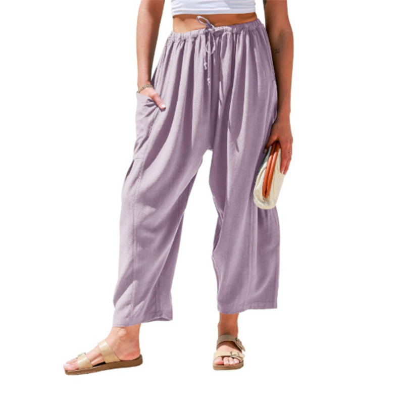 Women's Casual Loose-Fit Linen Wide-Leg Pants with Drawstring