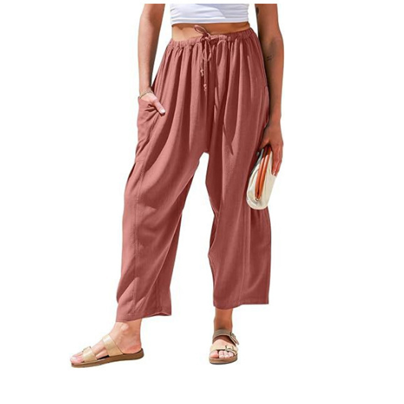 Women's Casual Loose-Fit Linen Wide-Leg Pants with Drawstring