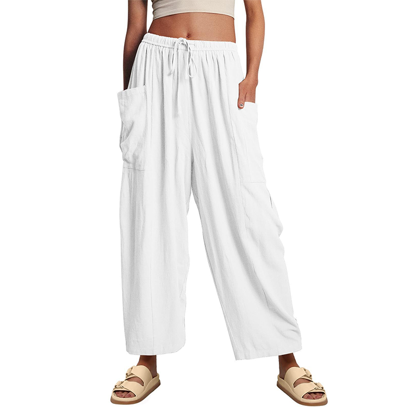 Women's Casual Loose-Fit Linen Wide-Leg Pants with Drawstring