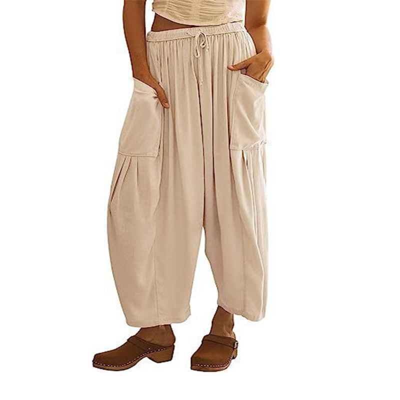 Women's Casual Loose-Fit Linen Wide-Leg Pants with Drawstring