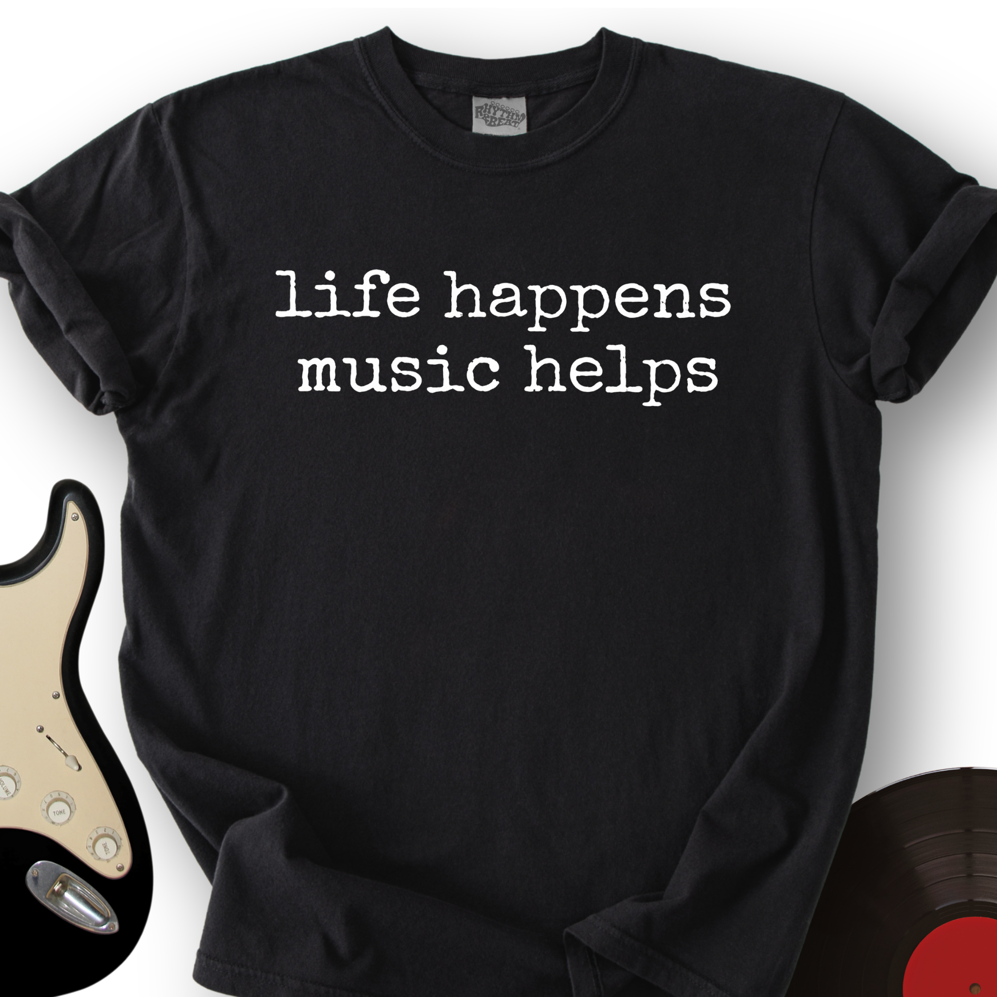 Life Happens, Music Helps | Vintage Charcoal Graphic Tee - Premium Essential