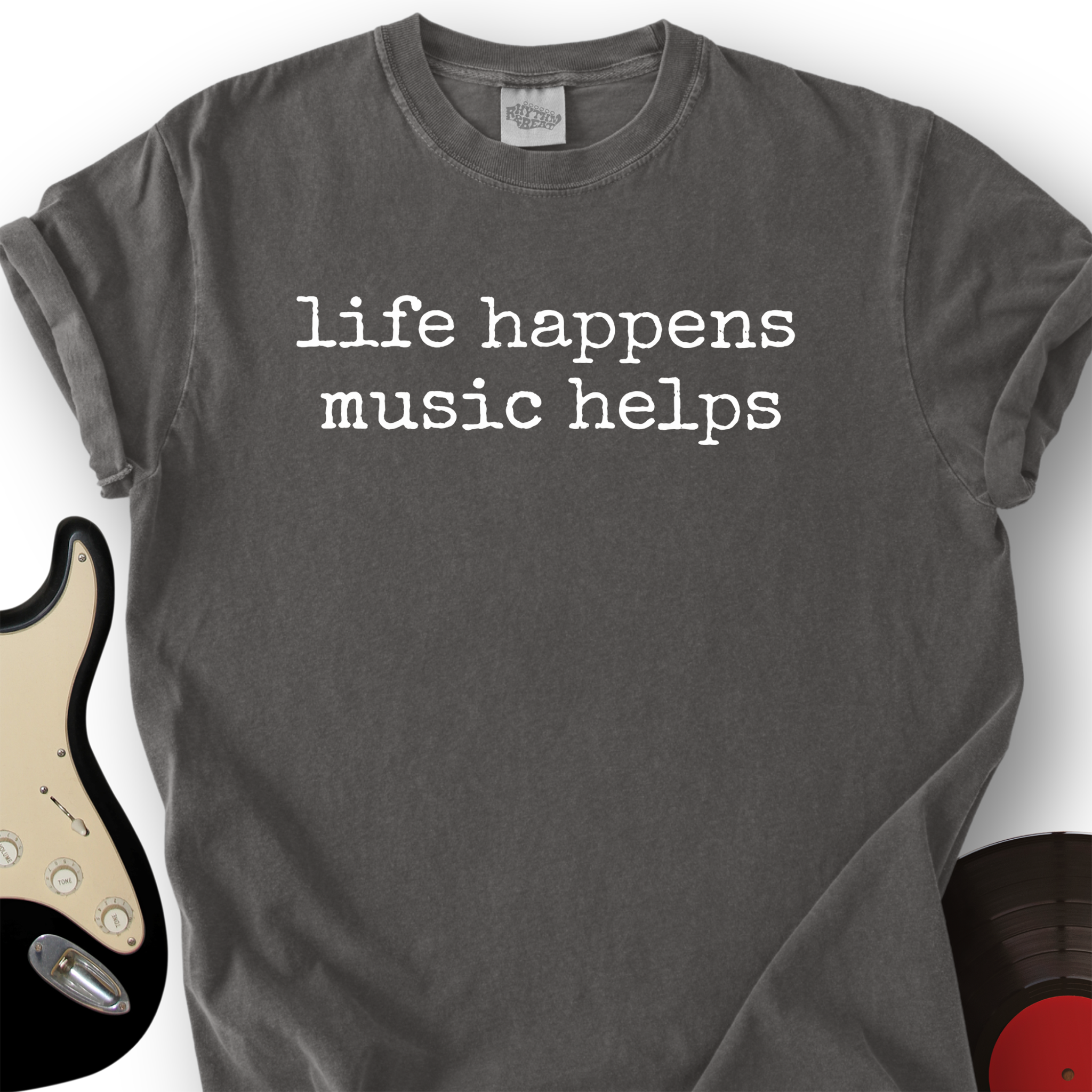 Life Happens, Music Helps | Vintage Charcoal Graphic Tee - Premium Essential