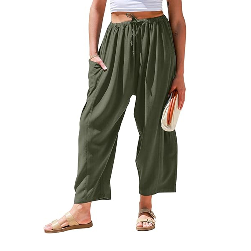 Women's Casual Loose-Fit Linen Wide-Leg Pants with Drawstring