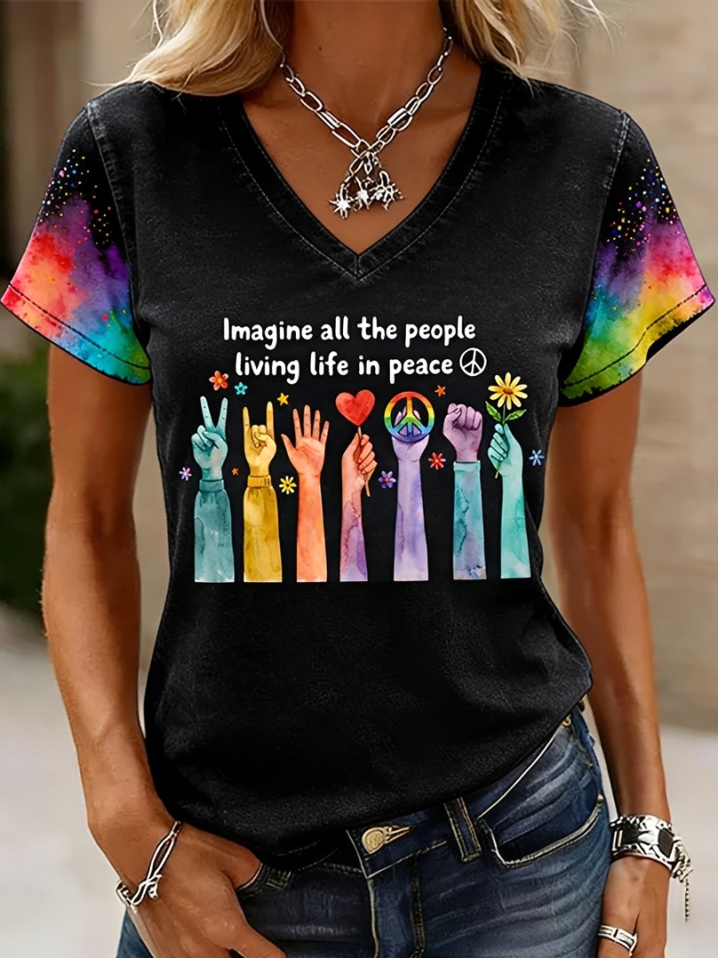 Imagine All The People Living Life In Peace Print V-Neck Tee