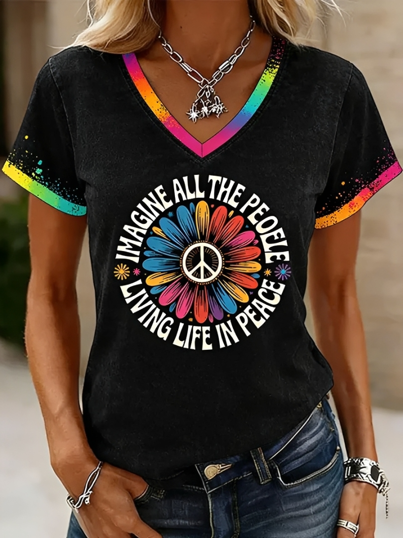 Imagine All The People Living Life In Peace Print V-Neck Tee