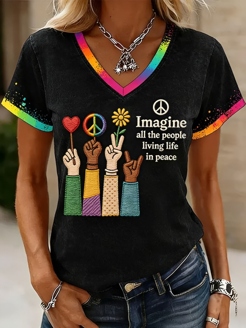 Imagine All The People Living Life In Peace Print V-Neck Tee