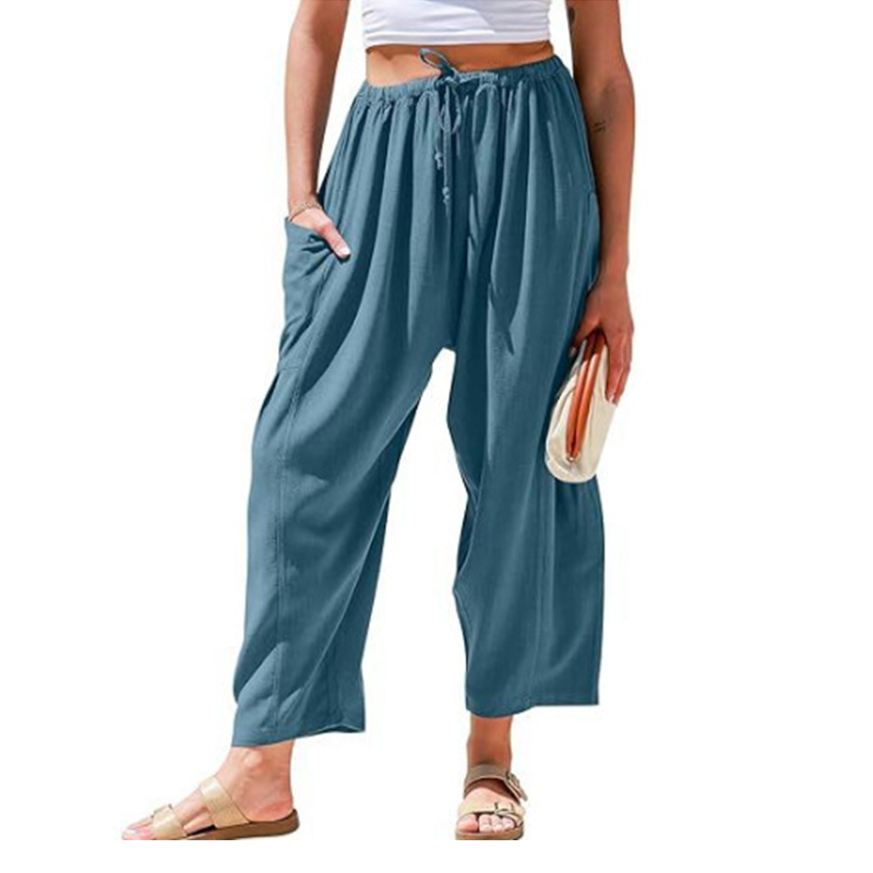Women's Casual Loose-Fit Linen Wide-Leg Pants with Drawstring