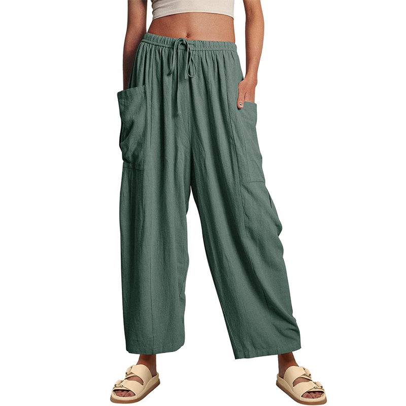 Women's Casual Loose-Fit Linen Wide-Leg Pants with Drawstring