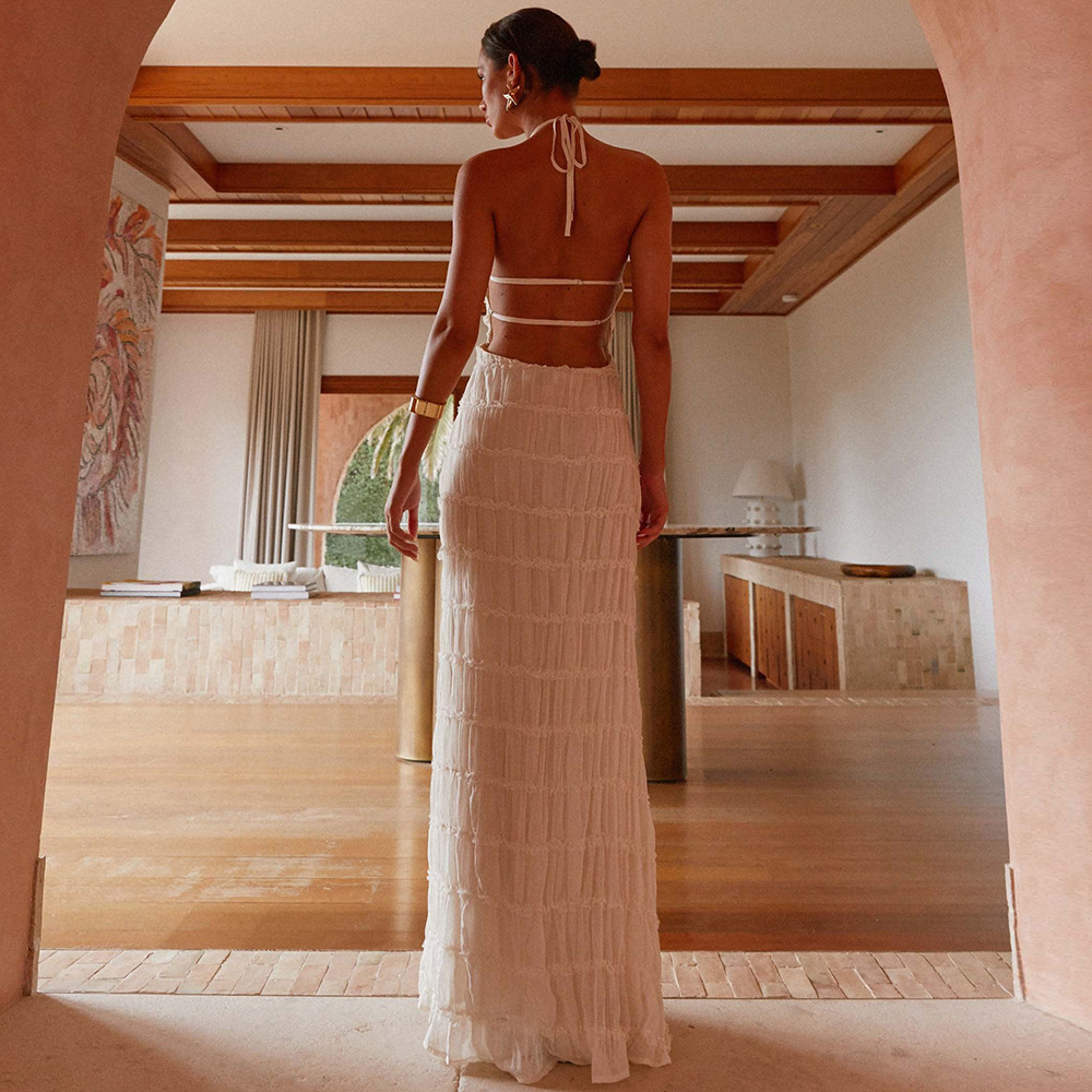 Backless pleated tie-up ruffle dress