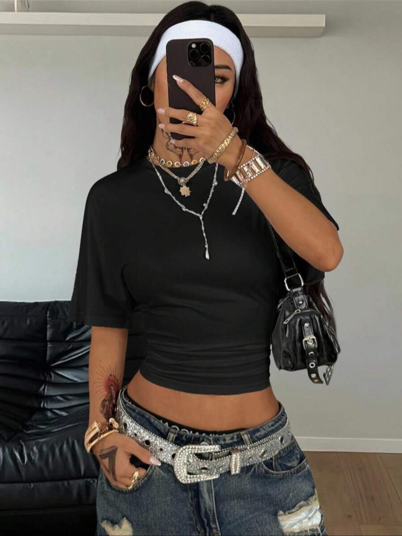 Women's Summer Casual Everyday Y2K Basic Loose Ruched Short T-Shirt, Elastic Street Style Tee for Daily Wear & Back to School