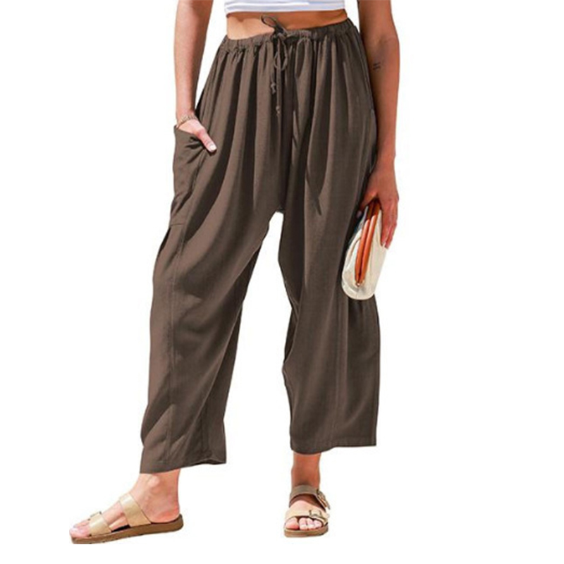 Women's Casual Loose-Fit Linen Wide-Leg Pants with Drawstring