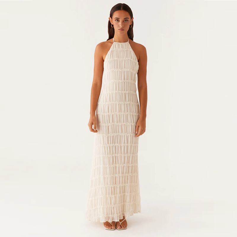 Backless pleated tie-up ruffle dress