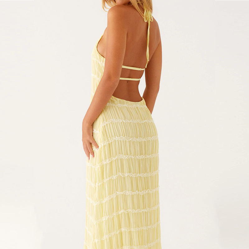 Backless pleated tie-up ruffle dress