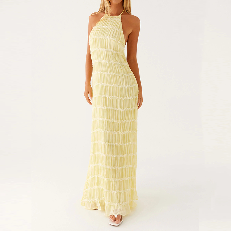 Backless pleated tie-up ruffle dress