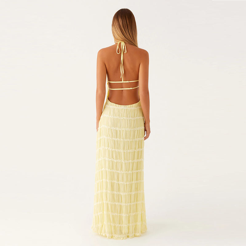 Backless pleated tie-up ruffle dress