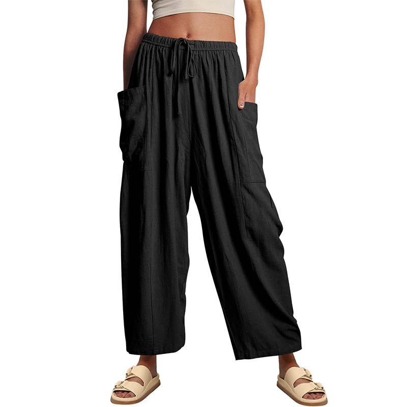 Women's Casual Loose-Fit Linen Wide-Leg Pants with Drawstring