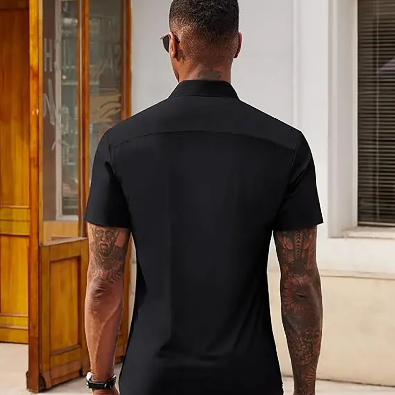 Men's Elastic Solid-Color Short-Sleeve Casual Shirt