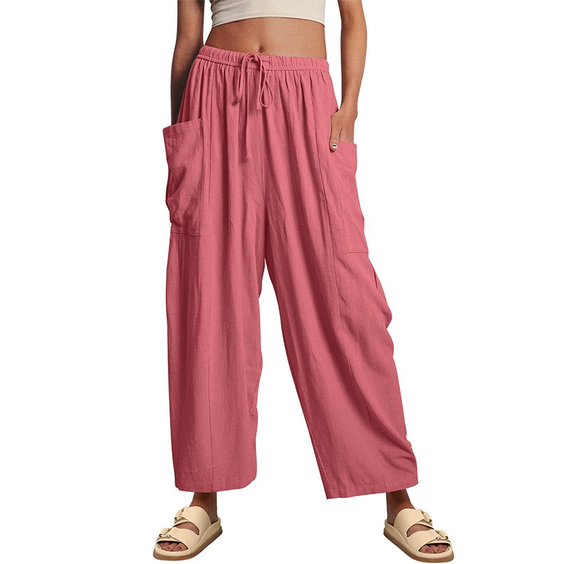 Women's Casual Loose-Fit Linen Wide-Leg Pants with Drawstring