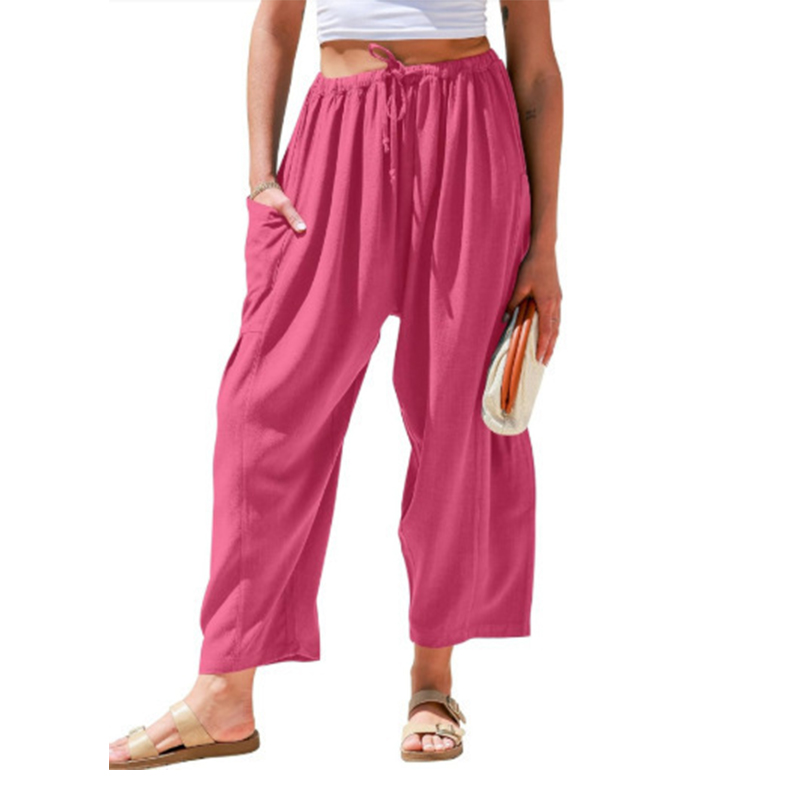 Women's Casual Loose-Fit Linen Wide-Leg Pants with Drawstring
