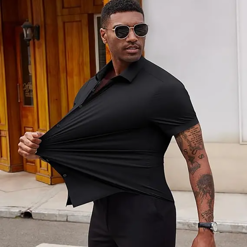 Men's Elastic Solid-Color Short-Sleeve Casual Shirt