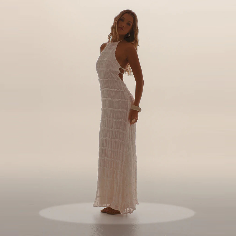 Backless pleated tie-up ruffle dress