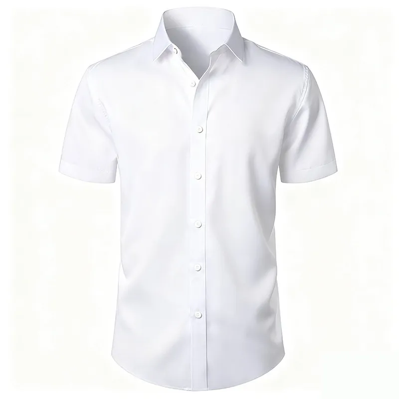 Men's Elastic Solid-Color Short-Sleeve Casual Shirt