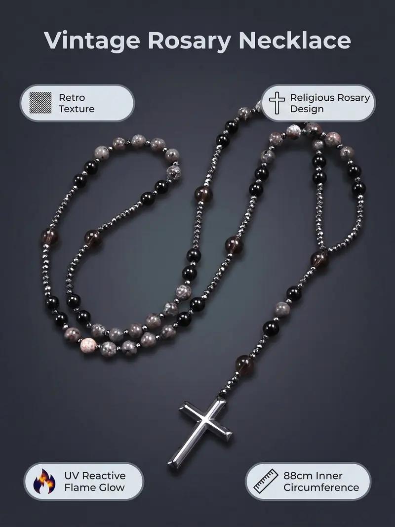 Eclat Mystique Natural Obsidian Yooperlite Rosary Necklace UV Reactive Protection Necklace Hematite Stone Cross Pendant Necklace Gift for her, gift for him