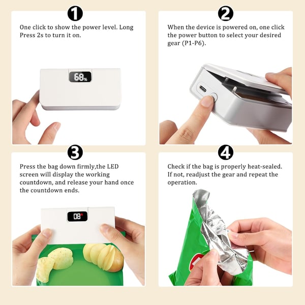 💡Portable mini sealing machine, rechargeable portable bag resealer with 6 adjustable speeds and LED power display