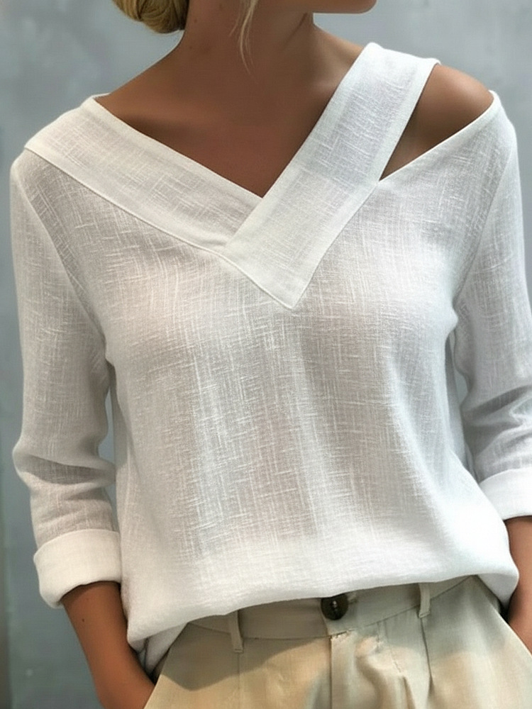 The Linen-Cotton Drape: Stylish V-Neck Off-The-Shoulder Top 