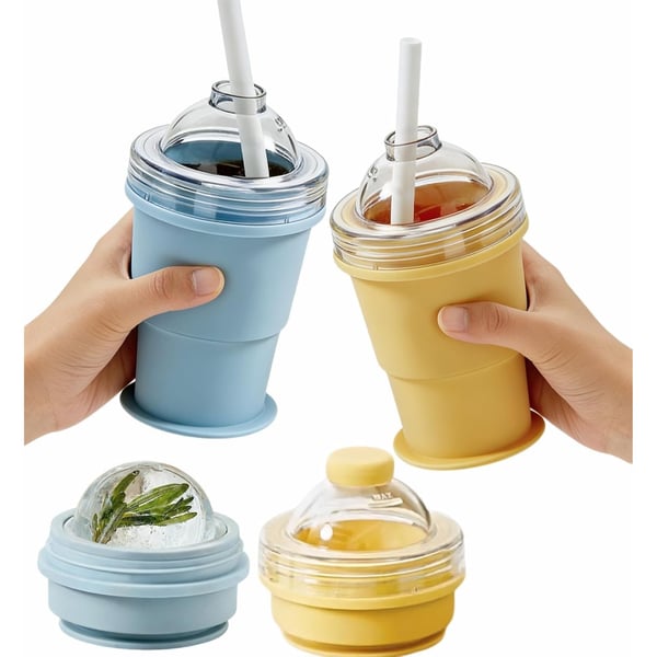 🔥NEW HOT SELLING 49% OFF 🔥 2-in-1 Collapsible Silicone Ice Ball Maker Cup & Reusable Ice Sphere Mold with Straw Lid