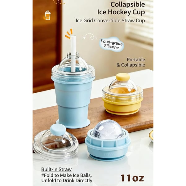 🔥NEW HOT SELLING 49% OFF 🔥 2-in-1 Collapsible Silicone Ice Ball Maker Cup & Reusable Ice Sphere Mold with Straw Lid