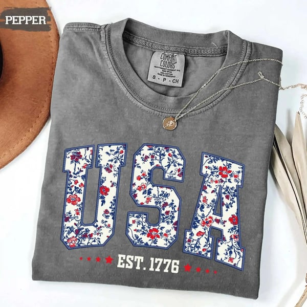 Comfort Colors USA Shirt, 4th of July shirt, floral USA tee, summer patriotic shirt