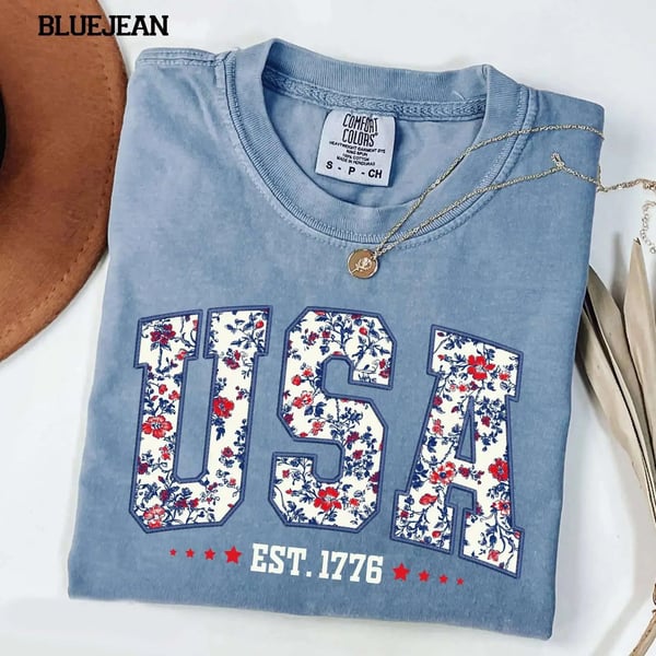 Comfort Colors USA Shirt, 4th of July shirt, floral USA tee, summer patriotic shirt