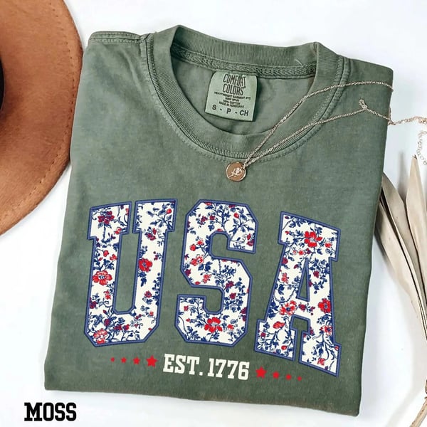Comfort Colors USA Shirt, 4th of July shirt, floral USA tee, summer patriotic shirt