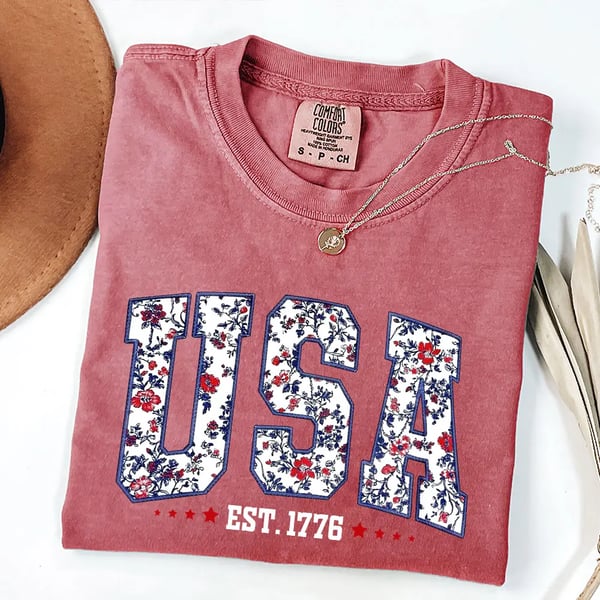 Comfort Colors USA Shirt, 4th of July shirt, floral USA tee, summer patriotic shirt