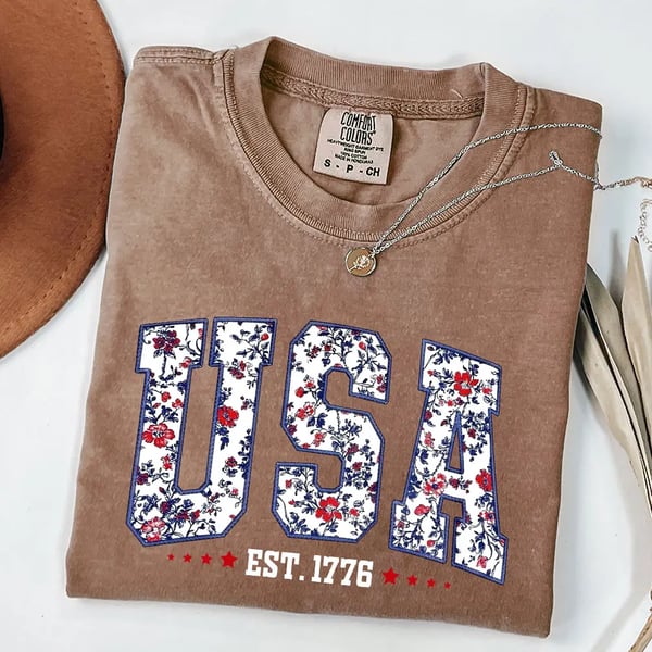 Comfort Colors USA Shirt, 4th of July shirt, floral USA tee, summer patriotic shirt