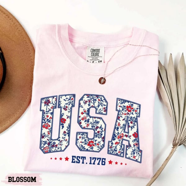 Comfort Colors USA Shirt, 4th of July shirt, floral USA tee, summer patriotic shirt