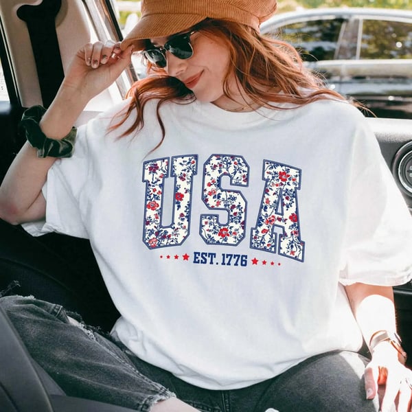 Comfort Colors USA Shirt, 4th of July shirt, floral USA tee, summer patriotic shirt