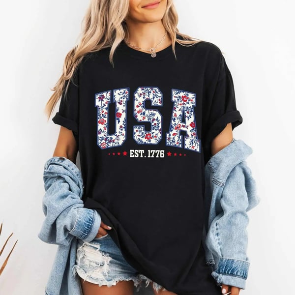 Comfort Colors USA Shirt, 4th of July shirt, floral USA tee, summer patriotic shirt