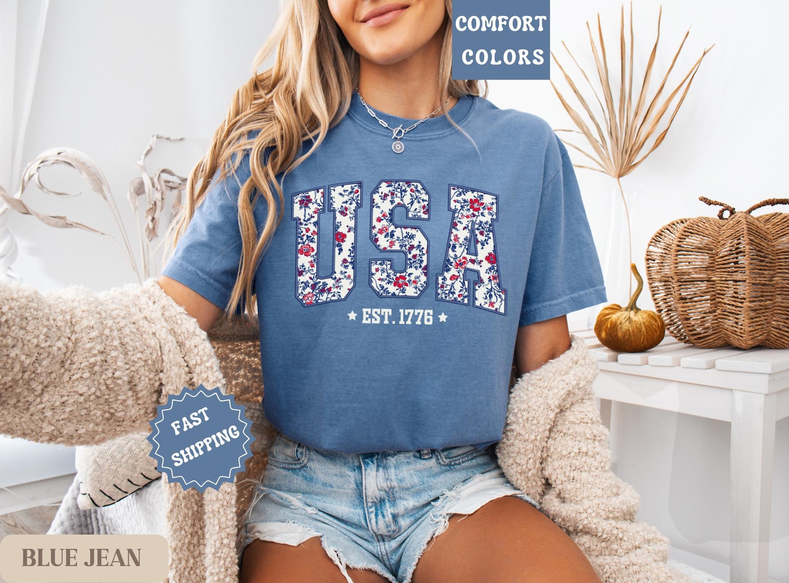Comfort Colors USA Shirt, 4th of July shirt, floral USA tee, summer patriotic shirt