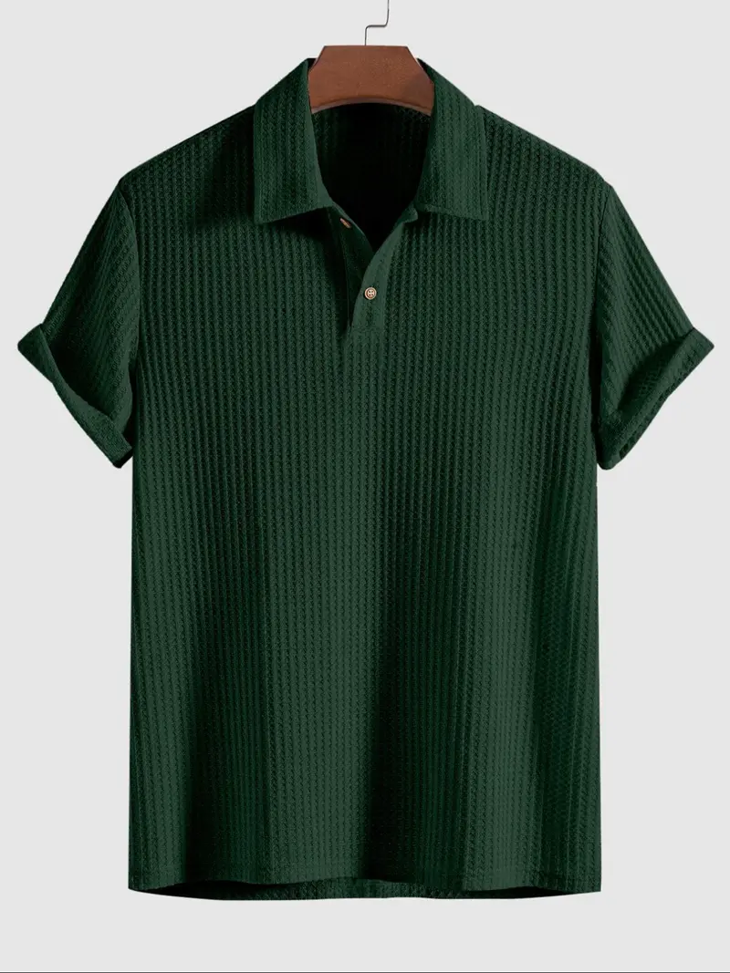 Men's Plain Jacquard Knit Polo Shirt, Regular Fit Casual Short Sleeve Button Front Green Top for Summer, Fashion Clothes for Daily Wear