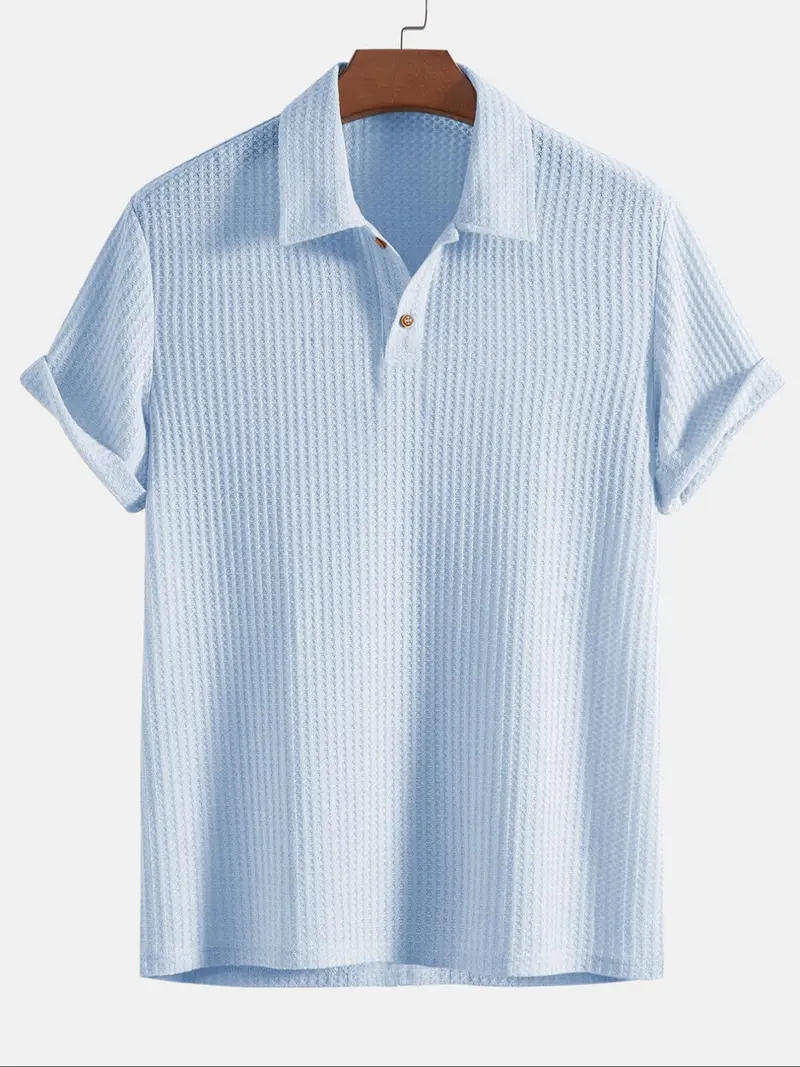 Men's Plain Jacquard Knit Polo Shirt, Regular Fit Casual Short Sleeve Button Front Green Top for Summer, Fashion Clothes for Daily Wear