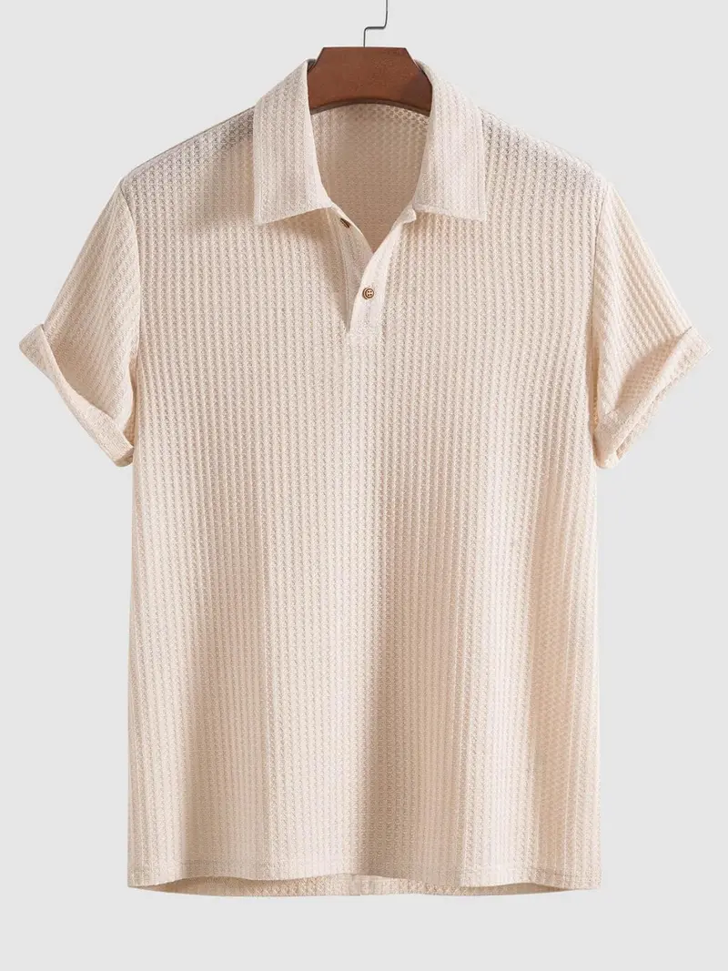 Men's Plain Jacquard Knit Polo Shirt, Regular Fit Casual Short Sleeve Button Front Green Top for Summer, Fashion Clothes for Daily Wear